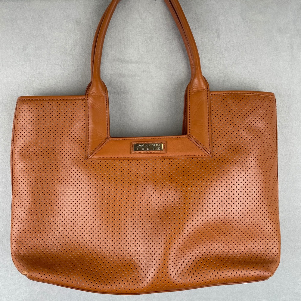 Lambertson Truex Cognac Brown Perforated Leather Tote Bag with Pouch Luxury Chic
